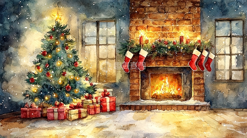 高清大图下载【趣麦麦图】圣诞节壁炉温馨场景