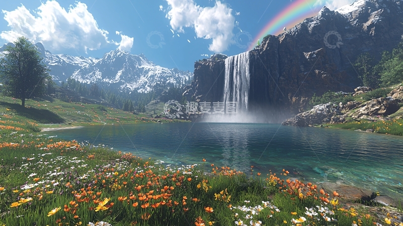 高清大图下载【趣麦麦图】彩虹瀑布山谷风景
