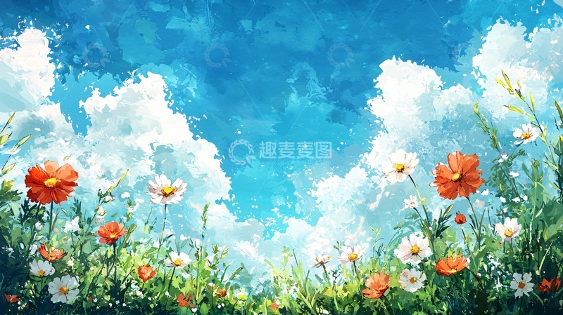 高清大图下载【趣麦麦图】蓝天白云下盛开的鲜花