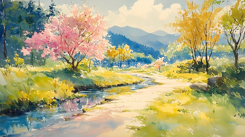 高清大图下载【趣麦麦图】春日溪流粉色树