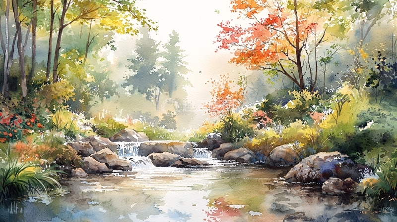 高清大图下载【趣麦麦图】水彩森林溪流