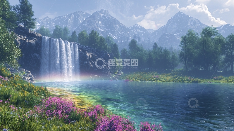 高清大图下载【趣麦麦图】山间瀑布彩虹湖泊