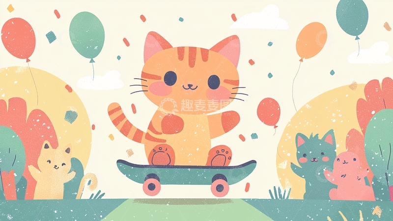 高清大图下载【趣麦麦图】可爱猫咪滑板