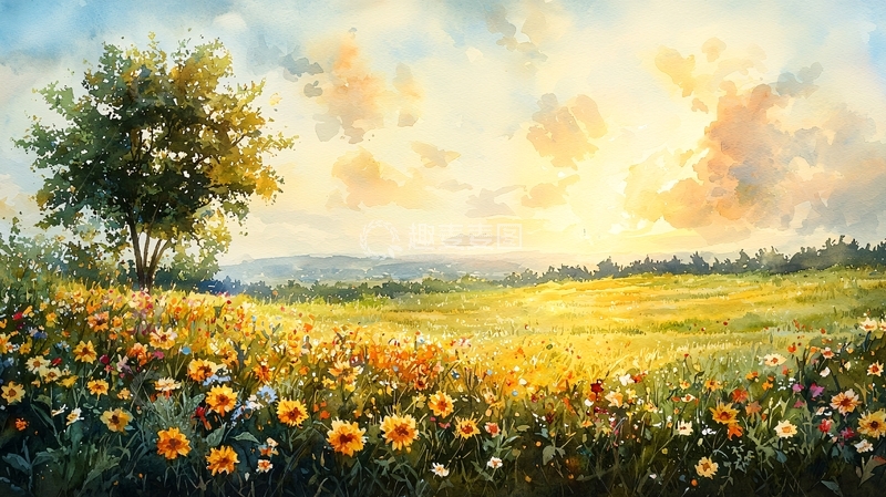 高清大图下载【趣麦麦图】夕阳下向日葵田园风景