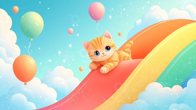 高清大图下载【趣麦麦图】彩虹滑梯上的小猫