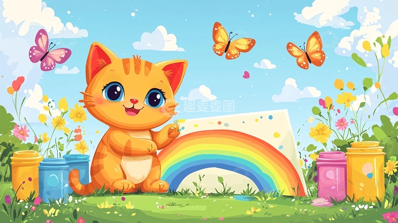 高清大图下载【趣麦麦图】可爱小猫彩虹画画