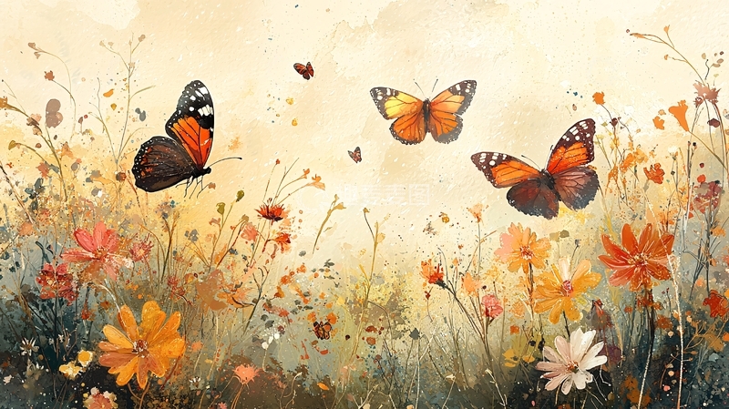 高清大图下载【趣麦麦图】水彩蝴蝶花田