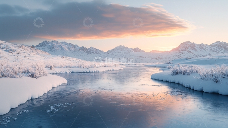 高清大图下载【趣麦麦图】雪山河流日落景色