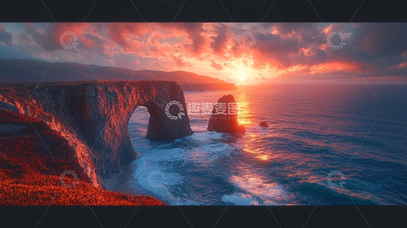 高清大图下载【趣麦麦图】海边日落岩石拱门