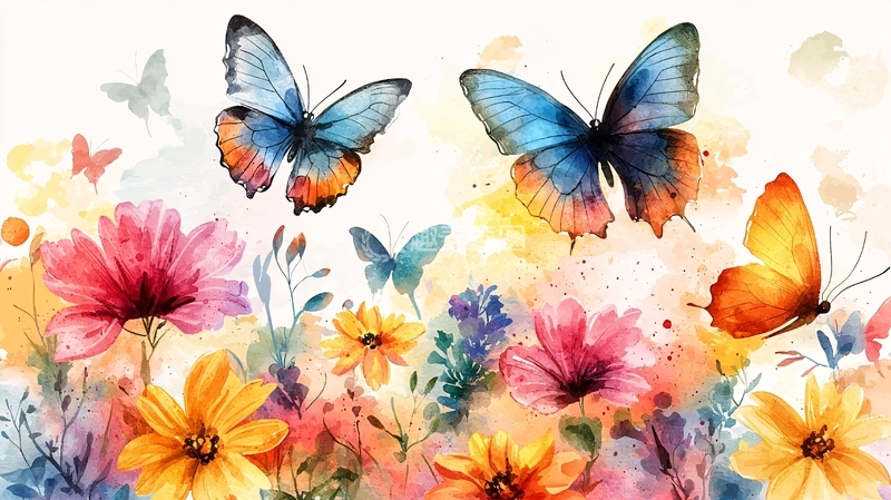 高清大图下载【趣麦麦图】水彩蝴蝶花卉图