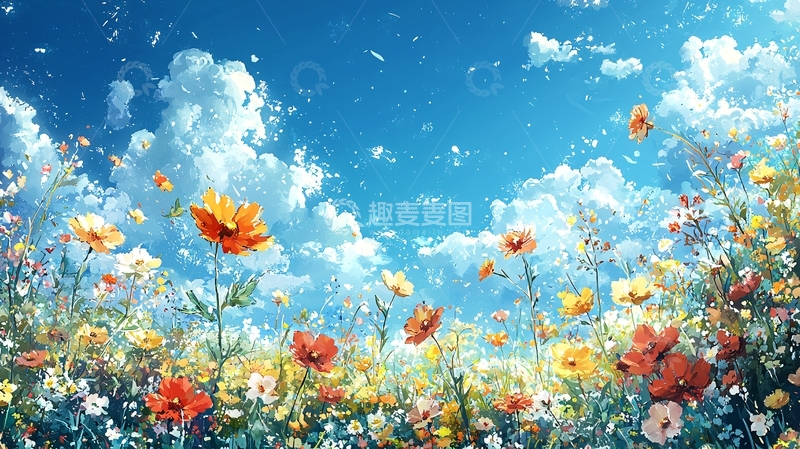 高清大图下载【趣麦麦图】蓝天白云鲜花田野