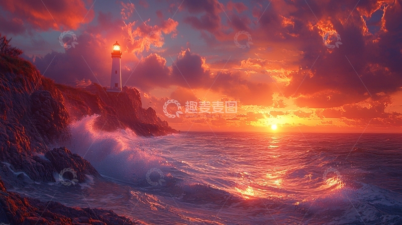 高清大图下载【趣麦麦图】灯塔日落海浪汹涌