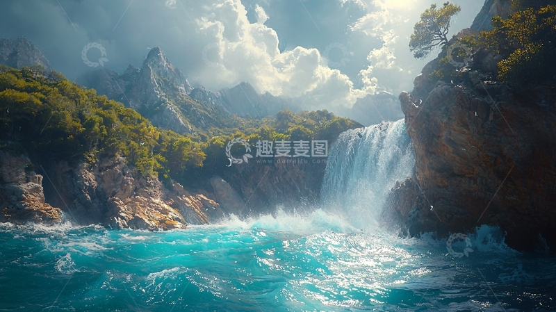 高清大图下载【趣麦麦图】梦幻般瀑布与山峰