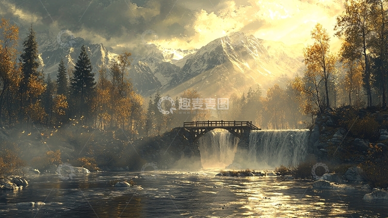 高清大图下载【趣麦麦图】山间瀑布桥风景画