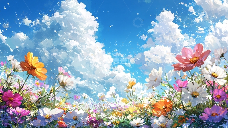 高清大图下载【趣麦麦图】蓝天白云下的彩色花田