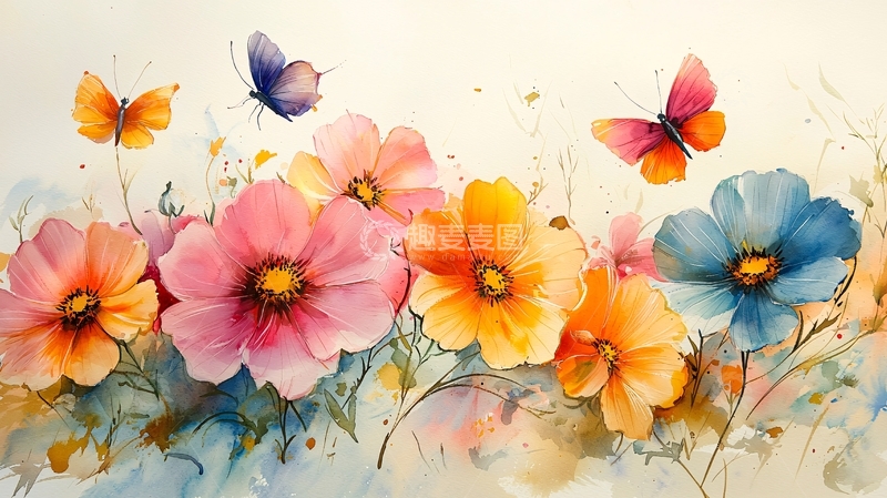高清大图下载【趣麦麦图】水彩花卉蝴蝶