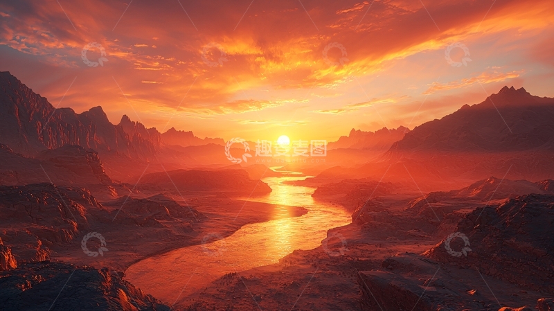 高清大图下载【趣麦麦图】金色夕阳下的山水景色