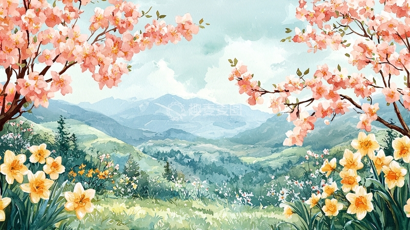 高清大图下载【趣麦麦图】春日山景粉色花朵