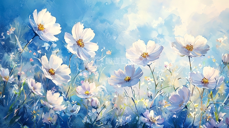 高清大图下载【趣麦麦图】蓝天白云下盛开的宇宙花