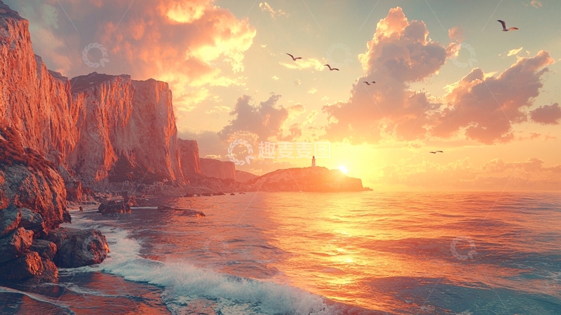 高清大图下载【趣麦麦图】日落海边悬崖峭壁