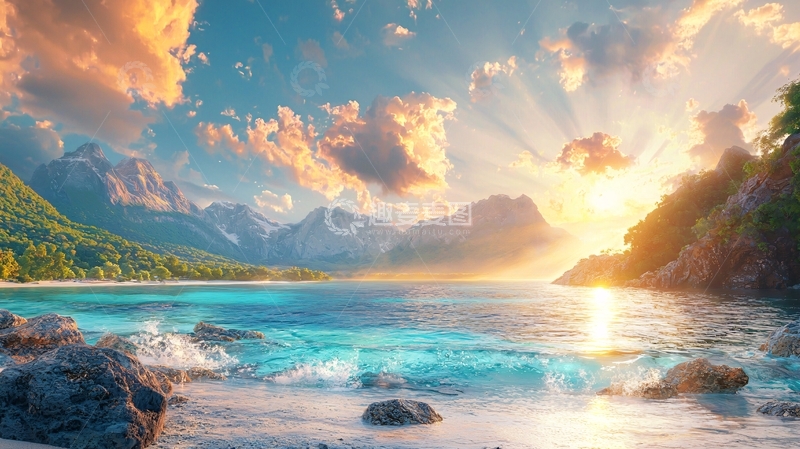 高清大图下载【趣麦麦图】日出海边山脉景色