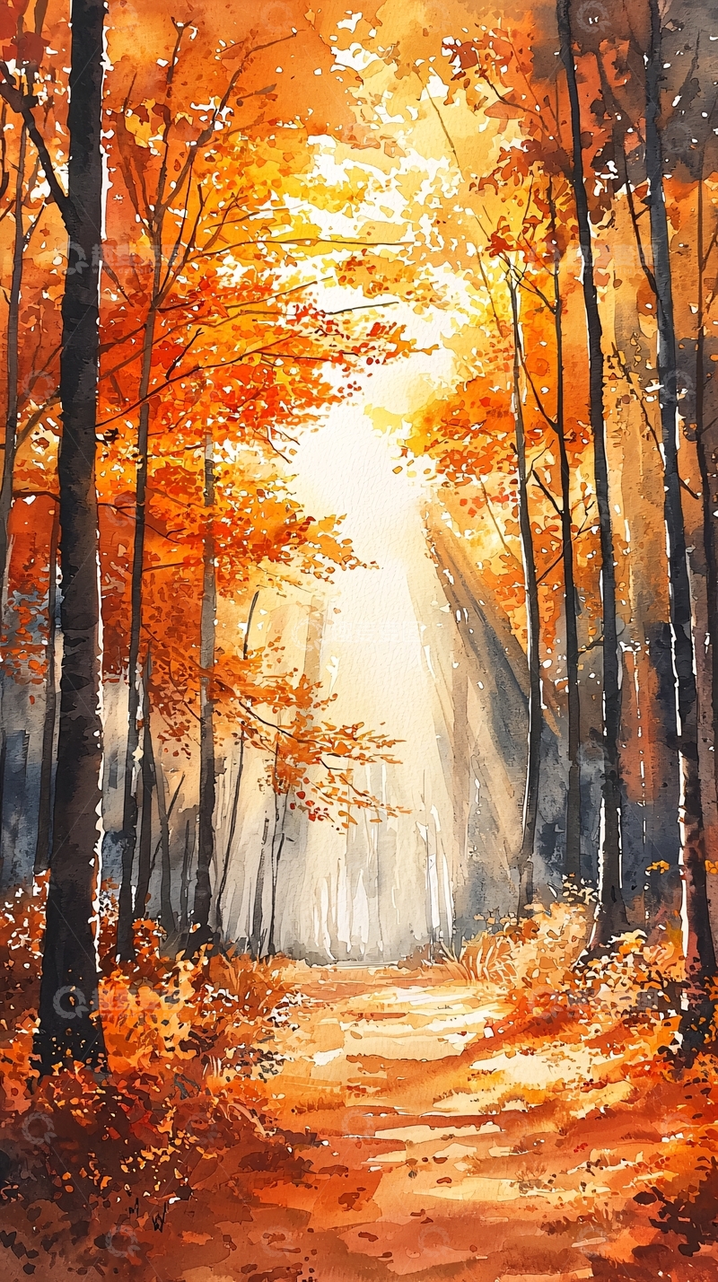 高清大图下载【趣麦麦图】秋季森林水彩画