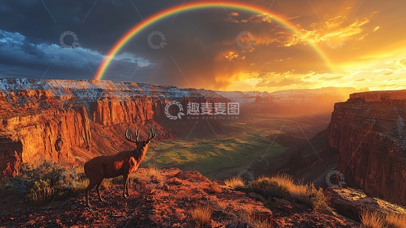 高清大图下载【趣麦麦图】彩虹日落峡谷鹿