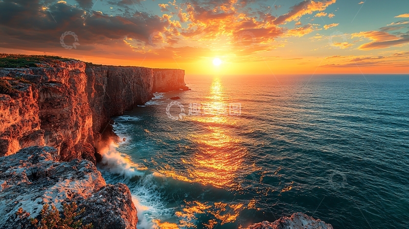高清大图下载【趣麦麦图】壮丽海崖日落景象