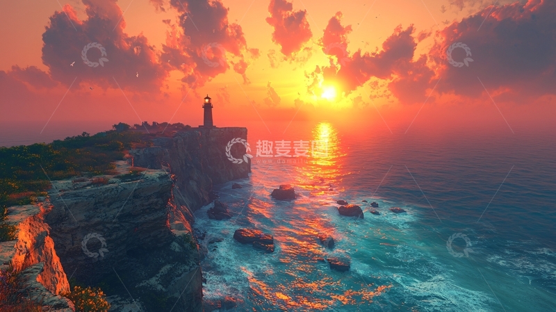 高清大图下载【趣麦麦图】日落海景灯塔