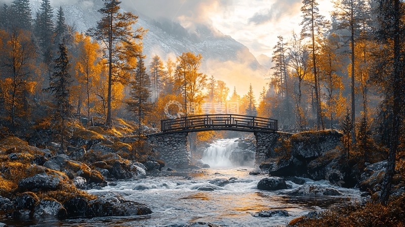 高清大图下载【趣麦麦图】秋日森林小桥流水