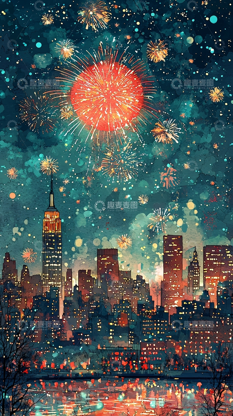 高清大图下载【趣麦麦图】夜空中绽放的烟火与城市夜景