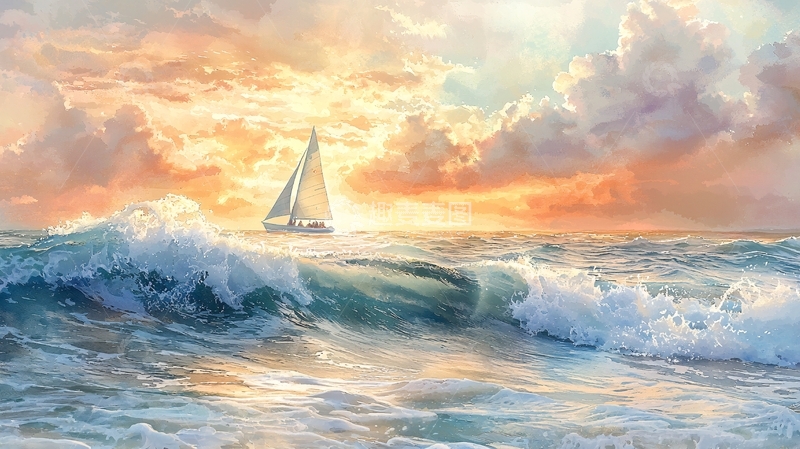 高清大图下载【趣麦麦图】夕阳下大海上的帆船