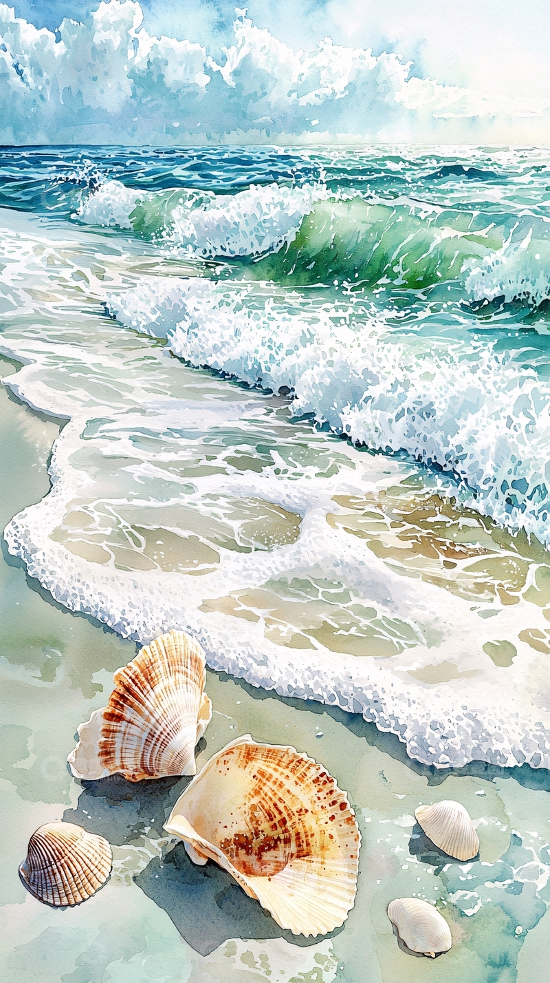 高清大图下载【趣麦麦图】海滩上的贝壳水彩画