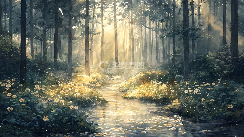 高清大图下载【趣麦麦图】森林溪流阳光