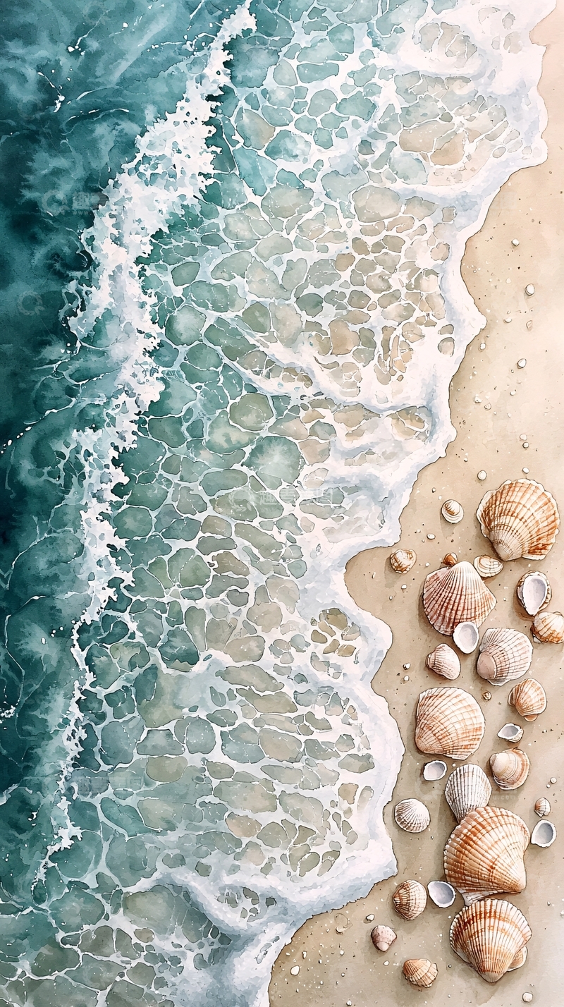 高清大图下载【趣麦麦图】海浪拍打沙滩贝壳