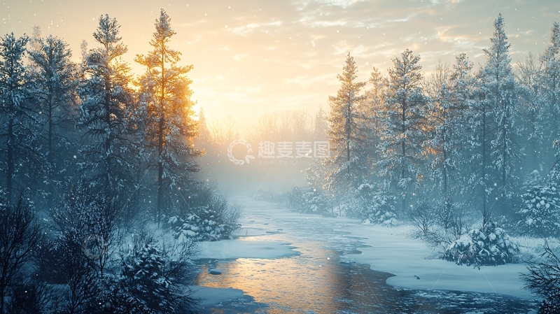 高清大图下载【趣麦麦图】冬日雪景森林河流