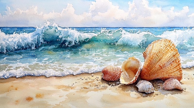 高清大图下载【趣麦麦图】海浪冲刷沙滩贝壳