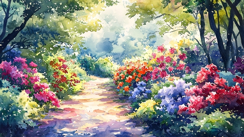 高清大图下载【趣麦麦图】阳光森林小路鲜花水彩画