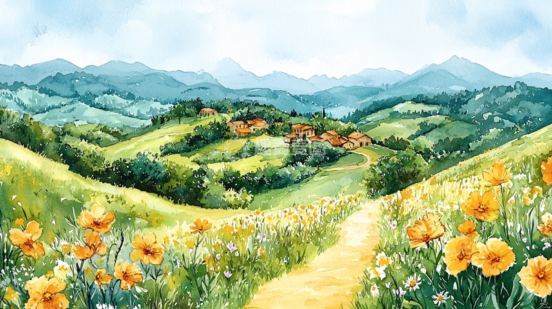 高清大图下载【趣麦麦图】水彩田园风光