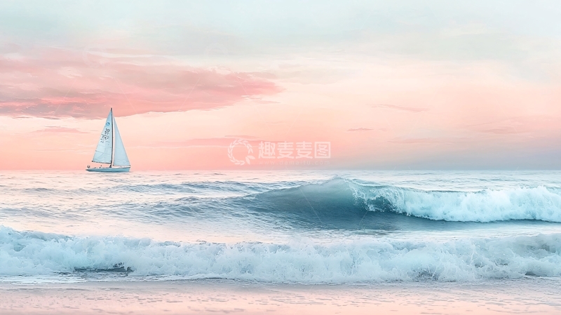 高清大图下载【趣麦麦图】粉色天空下的帆船