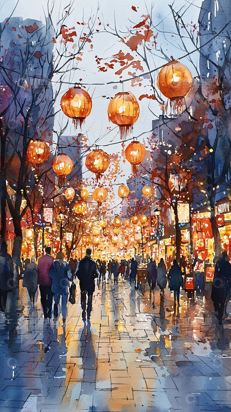 高清大图下载【趣麦麦图】水彩画夜景