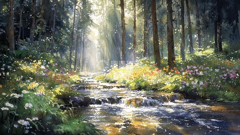 高清大图下载【趣麦麦图】森林小溪阳光
