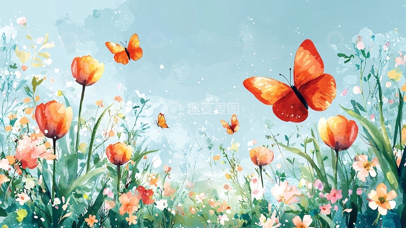 高清大图下载【趣麦麦图】橙色蝴蝶花田水彩画