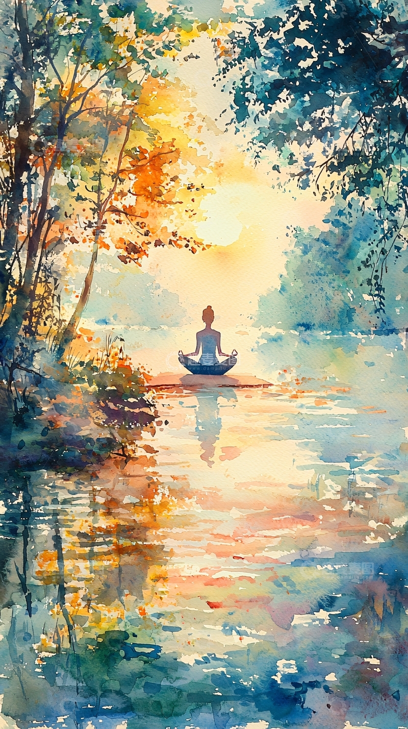 高清大图下载【趣麦麦图】清晨湖边冥想女子