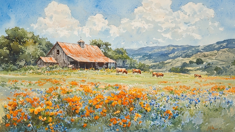 高清大图下载【趣麦麦图】乡间田园水彩画