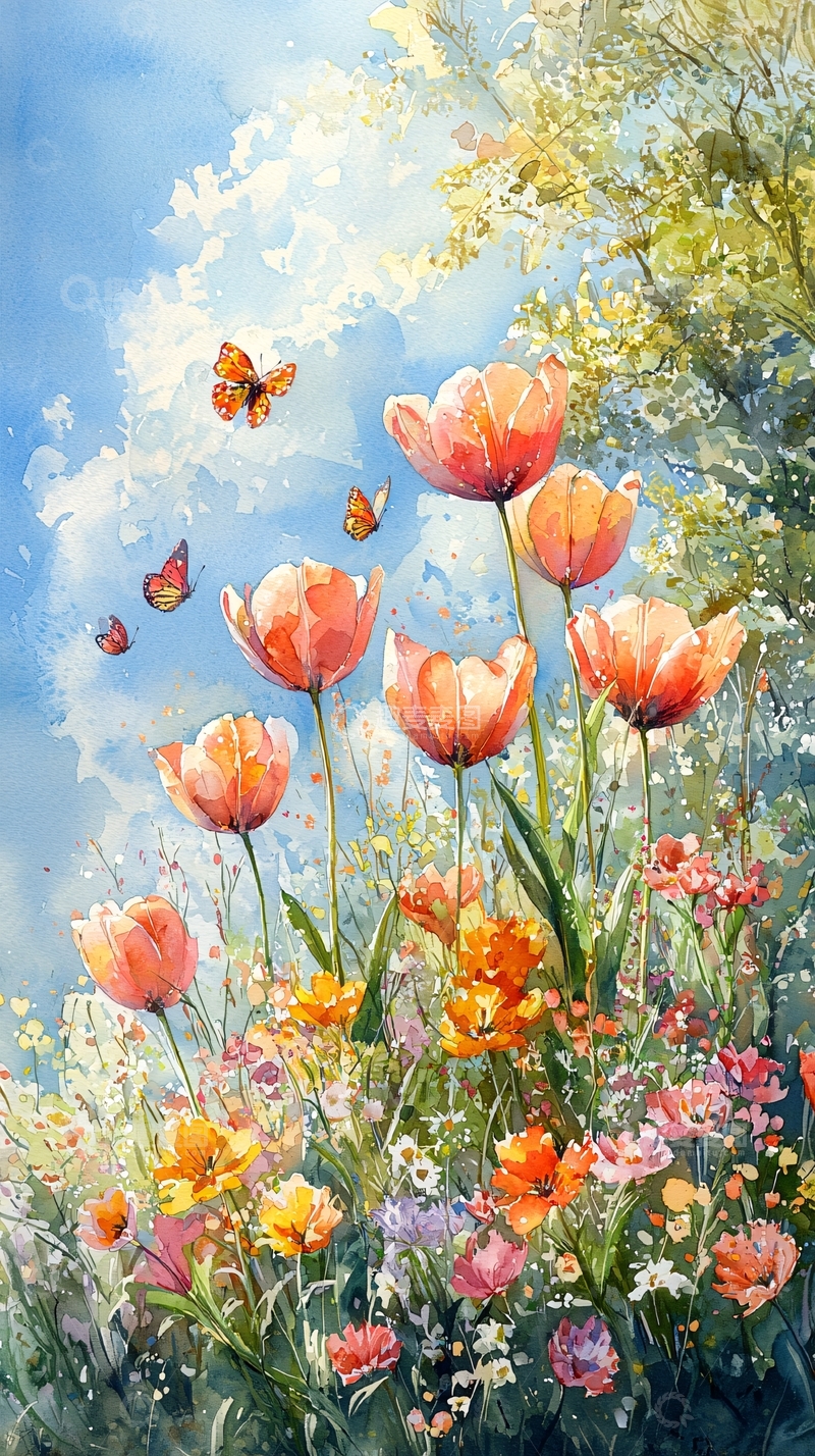 高清大图下载【趣麦麦图】水彩郁金香花田