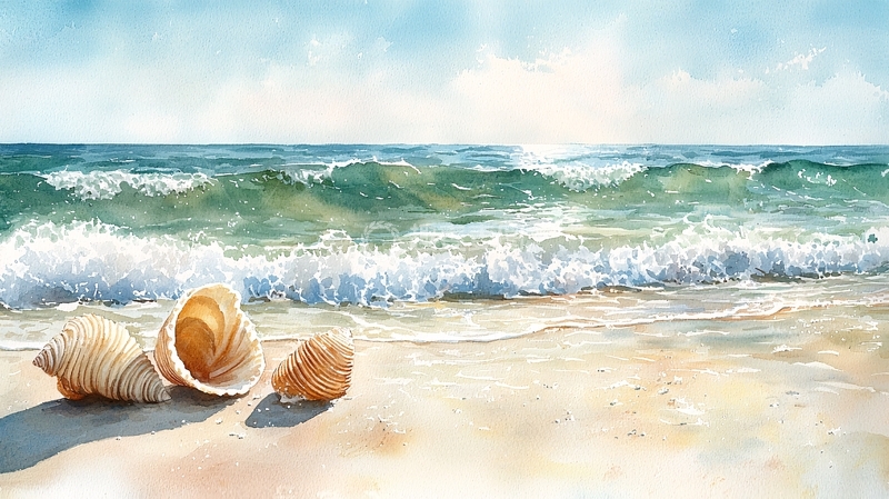 高清大图下载【趣麦麦图】水彩海滩贝壳