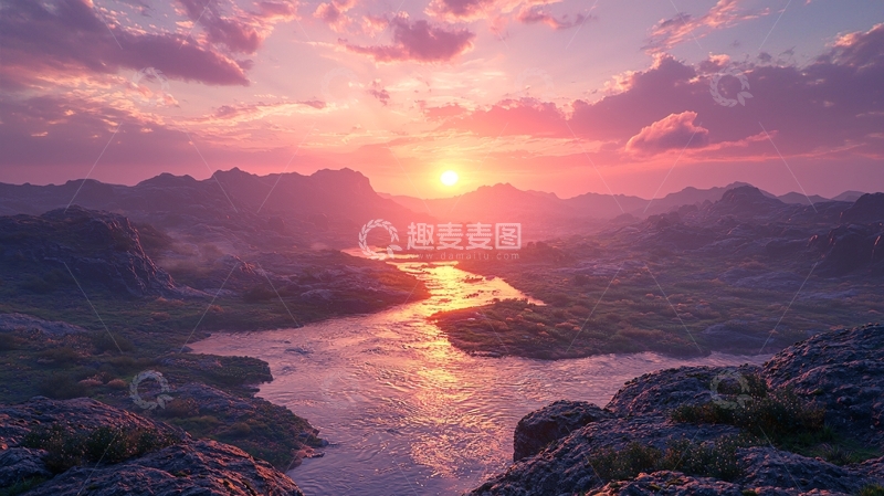高清大图下载【趣麦麦图】梦幻般日落山川河流