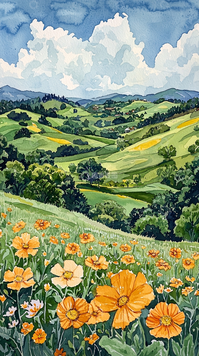 高清大图下载【趣麦麦图】山坡上的橙色花田