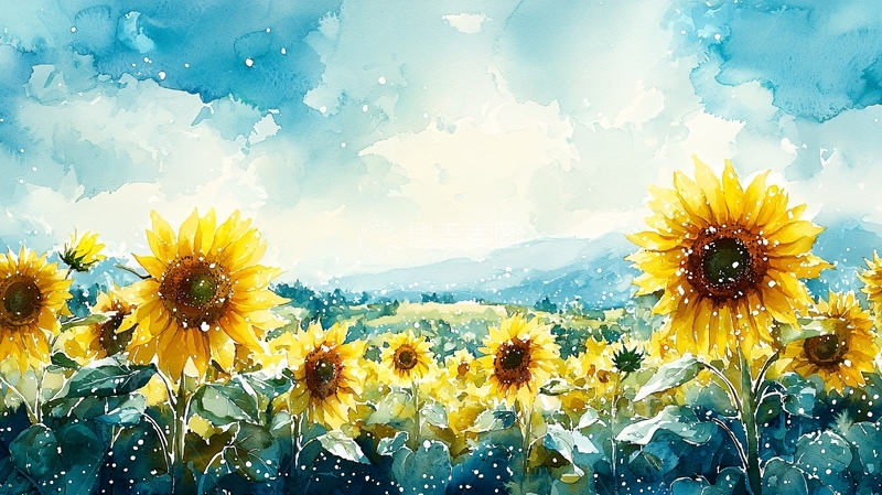高清大图下载【趣麦麦图】水彩向日葵田园风光
